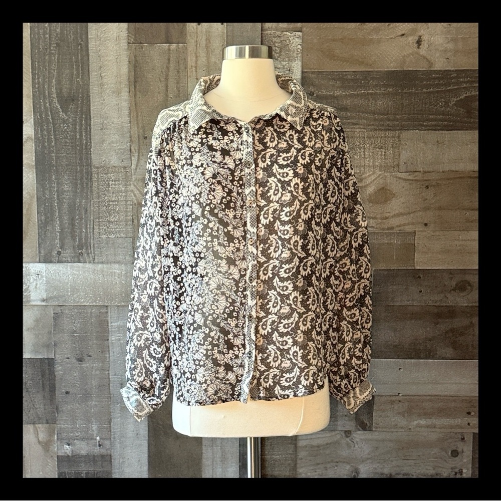 Free People sheer button up shirt small floral paisley snakeskin whimsigoth boho